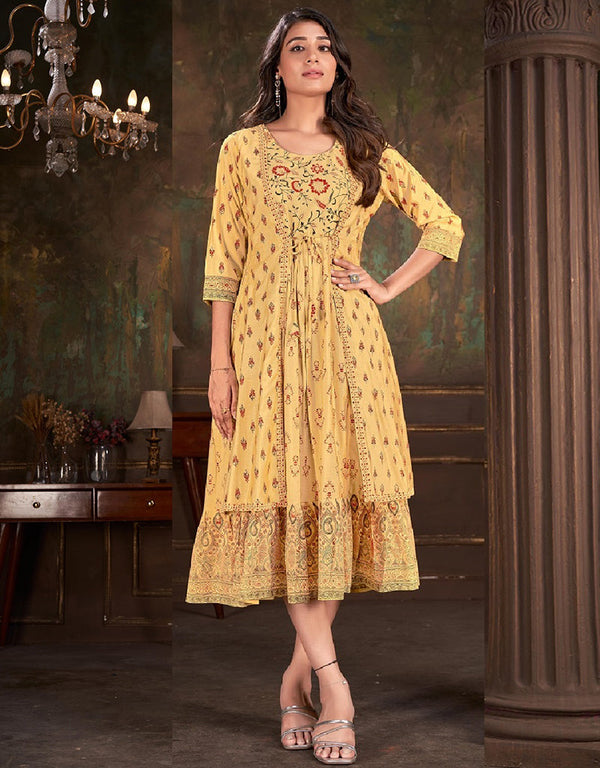 fashionable designer foil printed cotton trendy designer party wear readymade long kurti collection with mustard 13599-acy3670 Front View