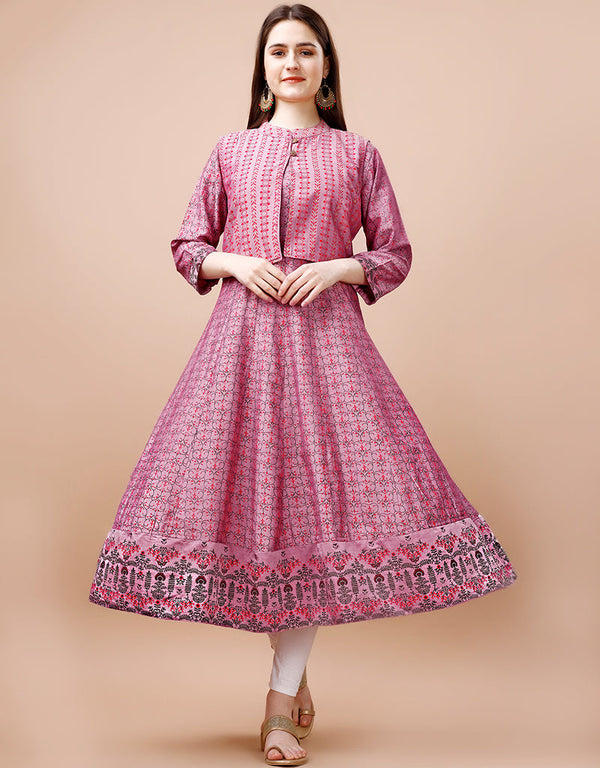 sleek designer foil printed cotton trendy designer party wear readymade long kurti collection with pink 13599-acy3671 Front View