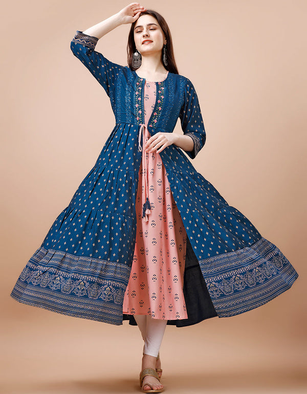 modern designer foil printed cotton trendy designer party wear readymade long kurti collection with nevy blue 13599-acy3672 Front View