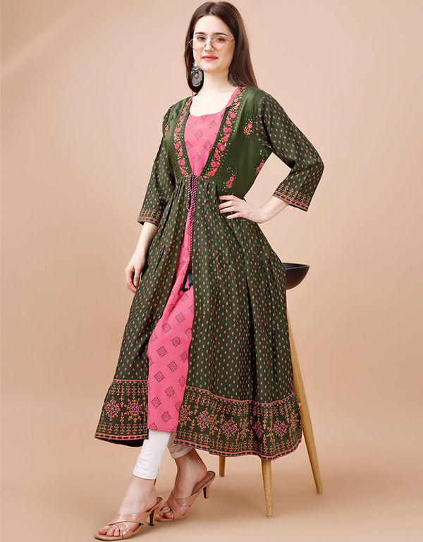 sophisticated designer foil printed cotton trendy designer party wear readymade long kurti collection with mahendi 13599-acy3673 Front View