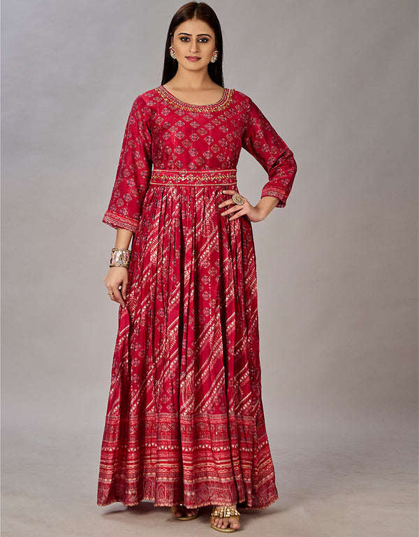 red muslin silk designer party wear readymade gown embroidery work details for gown 13600-acy3674 Front View