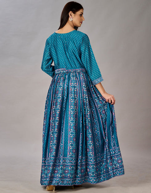 teal blue muslin silk designer party wear readymade gown embroidery work details for gown 13600-acy3677 Close-up View