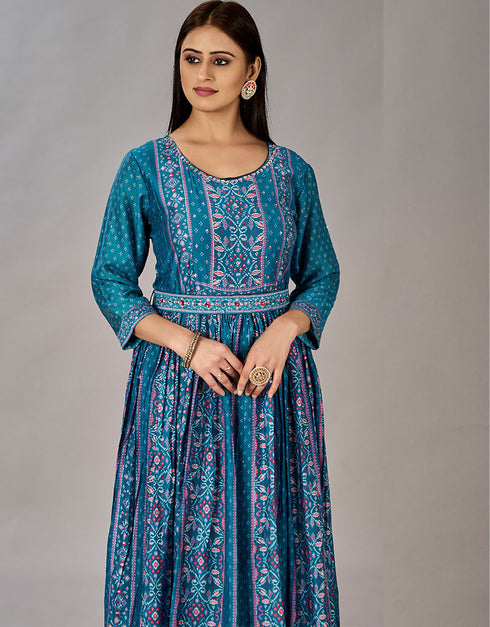 teal blue muslin silk designer party wear readymade gown embroidery work details for gown 13600-acy3677 Back View