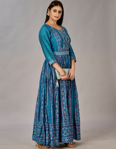 teal blue muslin silk designer party wear readymade gown embroidery work details for gown 13600-acy3677 Side View
