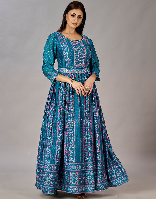 teal blue muslin silk designer party wear readymade gown embroidery work details for gown 13600-acy3677 Front View