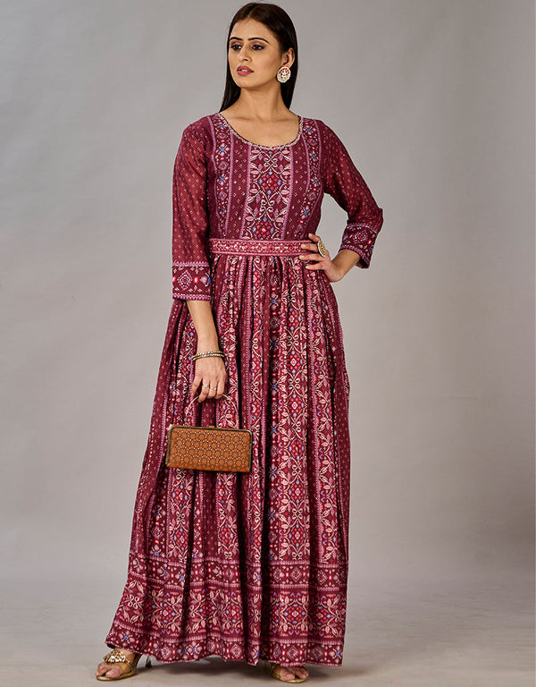 maroon muslin silk designer party wear readymade gown embroidery work details for gown 13600-acy3678 Front View