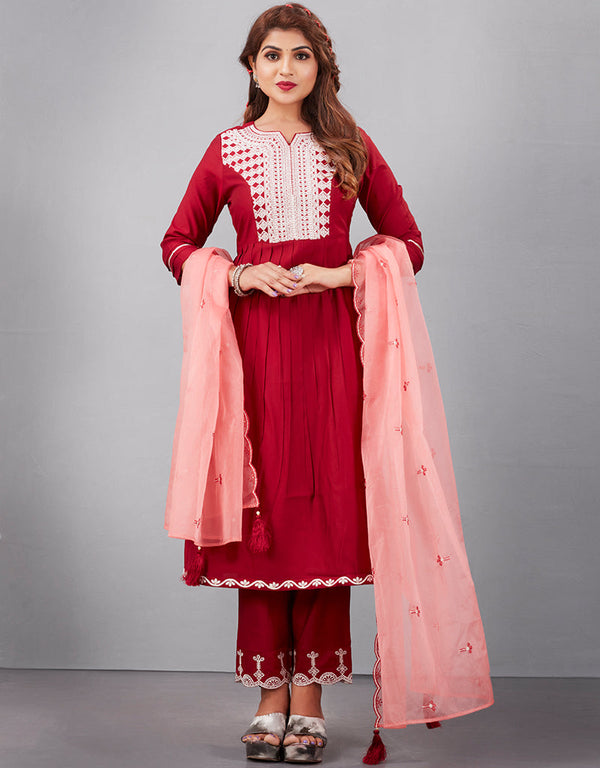 stylish maroon muslin silk designer party wear readymade salwar suit with maroon muslin silk 13601-acy3679 Front View