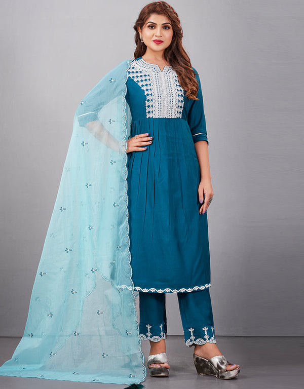 chic blue muslin silk designer party wear readymade salwar suit with blue muslin silk 13601-acy3680 Front View