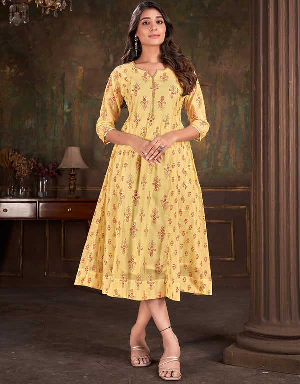 glamorous designer printed cotton trendy designer party wear readymade long kurti collection with yellow 13602-acy3684 Front View