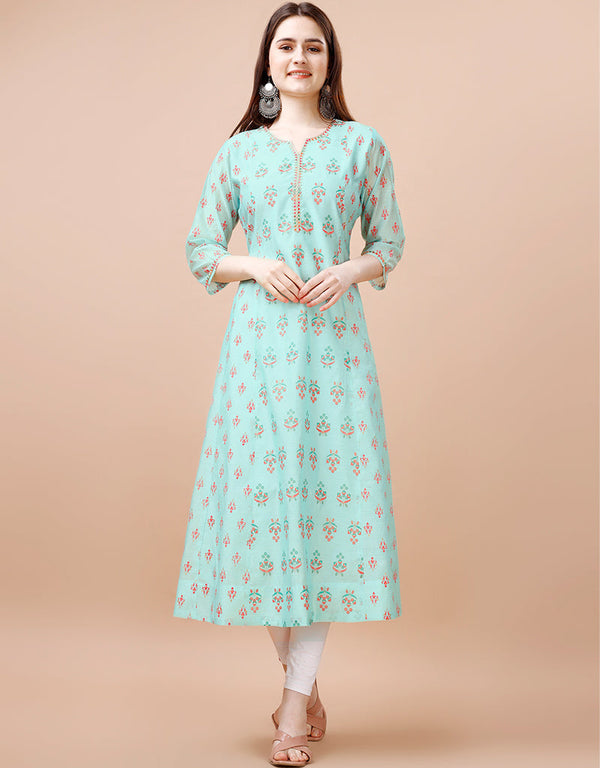 classy designer printed cotton trendy designer party wear readymade long kurti collection with blue 13602-acy3686 Front View
