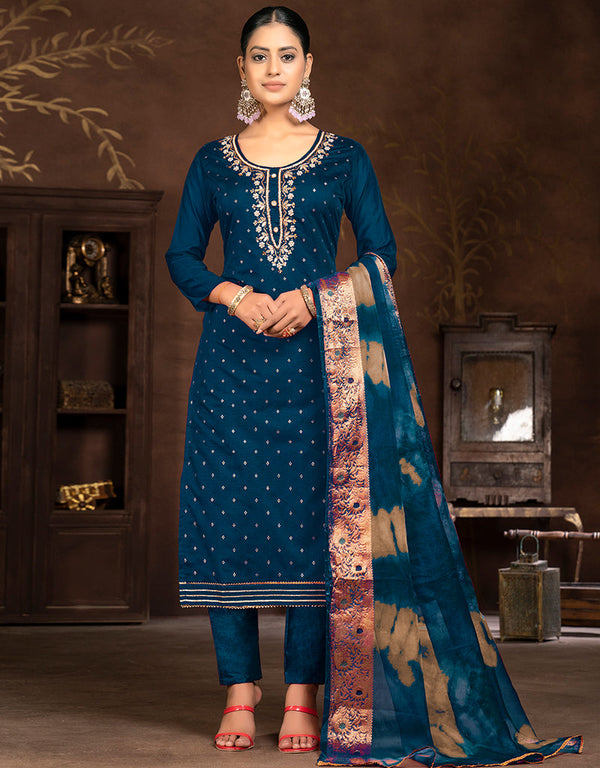 chic blue modal butti designer party wear heavy salwar suit collection with blue santoon 13603-acy3690 Front View