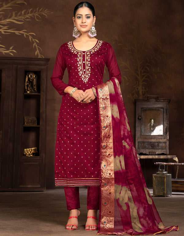 elegant maroon modal butti designer party wear heavy salwar suit collection with maroon santoon 13603-acy3692 Front View