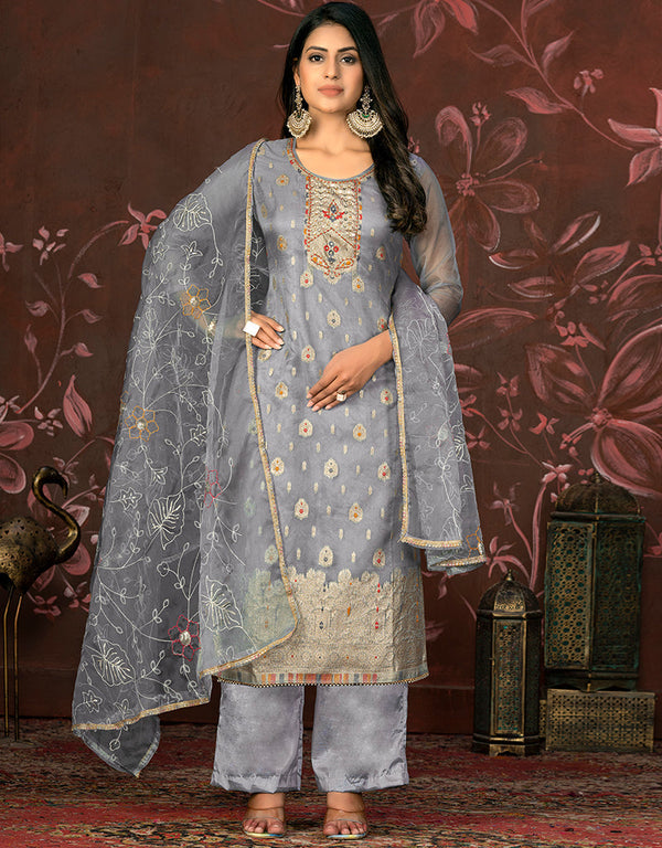 sleek grey organza designer party wear heavy salwar suit collection with grey santoon 13603-acy3694 Front View