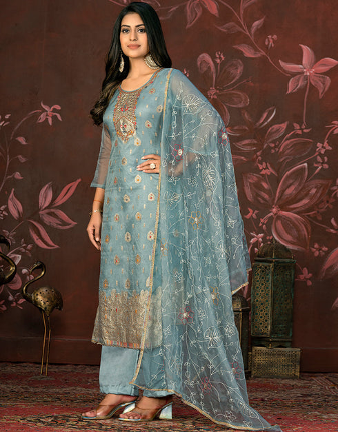 modern blue organza designer party wear heavy salwar suit collection with blue santoon 13603-acy3695 Back View