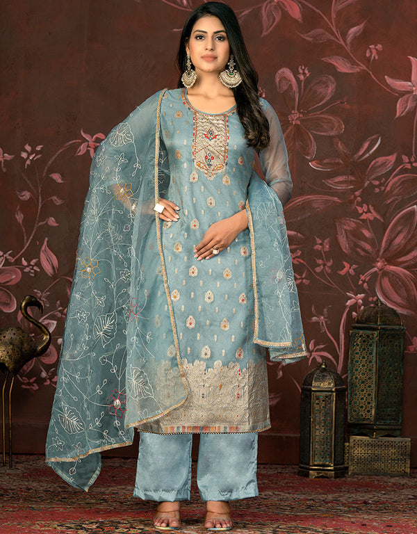 modern blue organza designer party wear heavy salwar suit collection with blue santoon 13603-acy3695 Front View
