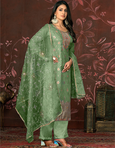 sophisticated green organza designer party wear heavy salwar suit collection with green santoon 13603-acy3696 Back View