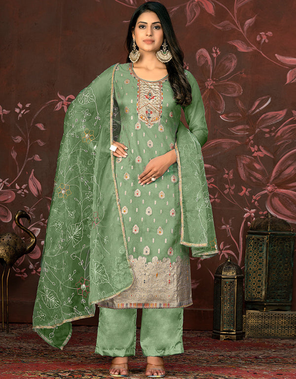 sophisticated green organza designer party wear heavy salwar suit collection with green santoon 13603-acy3696 Front View