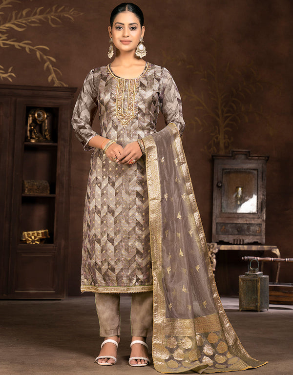 fashionable brown organza designer party wear heavy salwar suit collection with brown santoon 13604-acy3704 Front View
