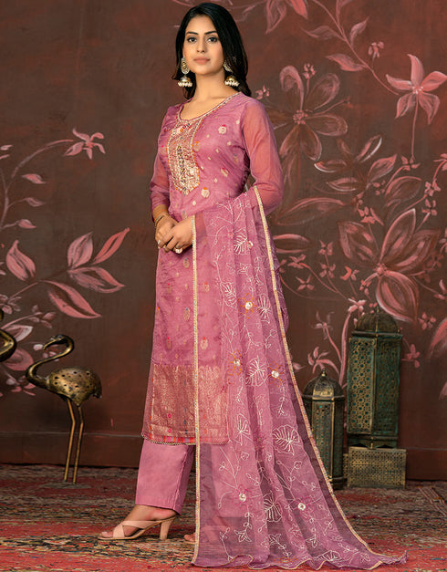 sleek pink organza designer party wear heavy salwar suit collection with pink santoon 13604-acy3705 Back View