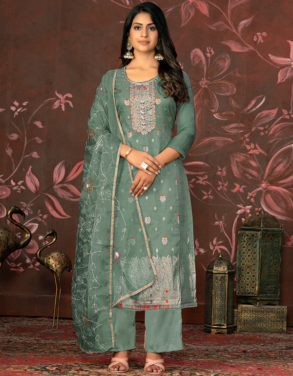 sophisticated green organza designer party wear heavy salwar suit collection with green santoon 13604-acy3707 Front View