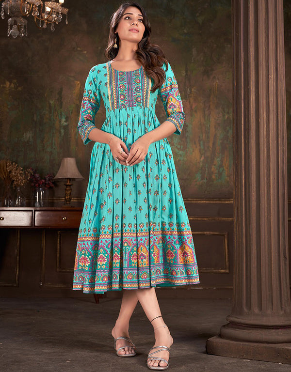 stylish embroidery work & sequence work dupatta cotton trendy designer party wear readymade long kurti collection with sky blue 13612-acy3761 Front View