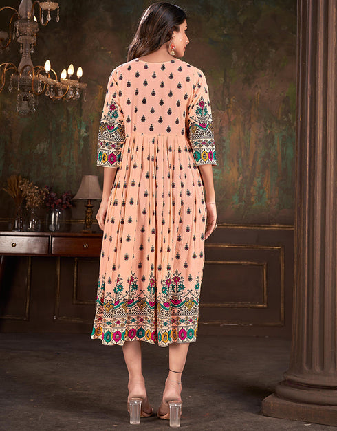 chic embroidery work & sequence work dupatta cotton trendy designer party wear readymade long kurti collection with beige 13612-acy3762 Close-up View