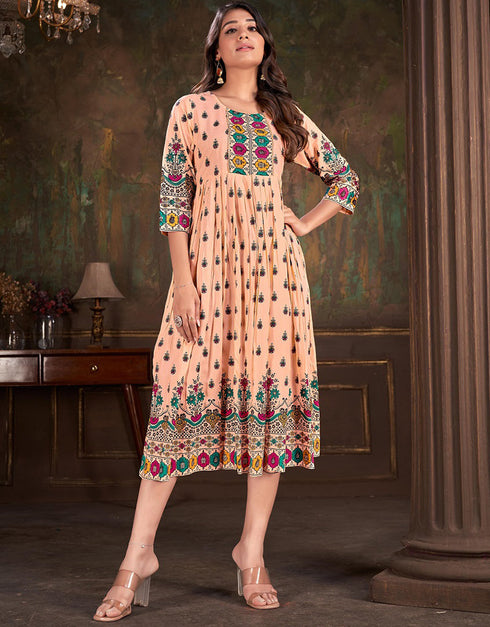chic embroidery work & sequence work dupatta cotton trendy designer party wear readymade long kurti collection with beige 13612-acy3762 Front View