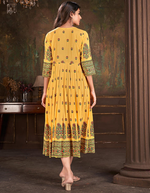 trendy embroidery work & sequence work dupatta cotton trendy designer party wear readymade long kurti collection with yellow 13612-acy3763 Close-up View
