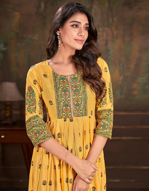 trendy embroidery work & sequence work dupatta cotton trendy designer party wear readymade long kurti collection with yellow 13612-acy3763 Back View
