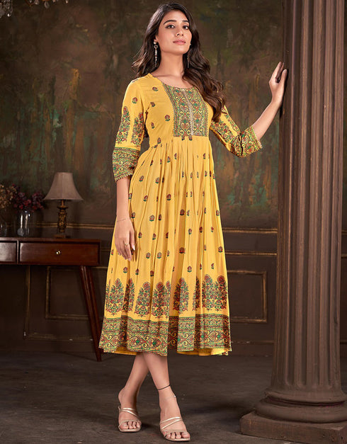 trendy embroidery work & sequence work dupatta cotton trendy designer party wear readymade long kurti collection with yellow 13612-acy3763 Front View