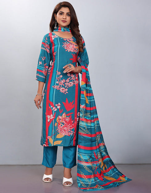 sleek blue muslin silk trendy designer readymade suit collection with blue gadwal silk 13613-acy3764 Front View