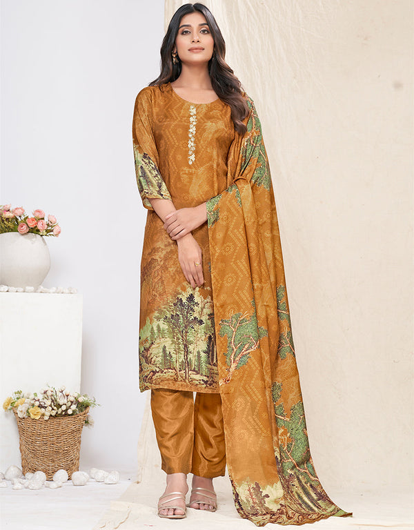 modern brown muslin silk trendy designer readymade suit collection with brown gadwal silk 13613-acy3765 Front View