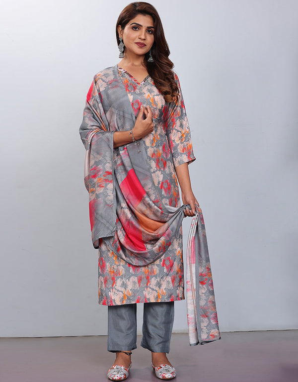 sophisticated grey muslin silk trendy designer readymade suit collection with grey gadwal silk 13613-acy3766 Front View