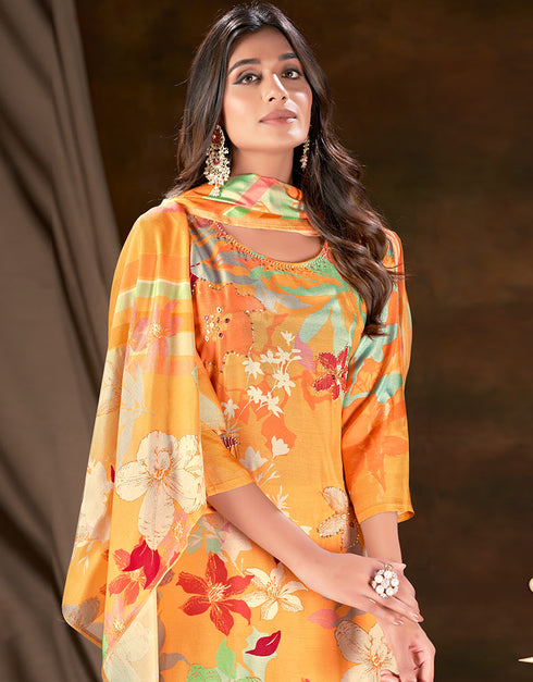 contemporary yellow muslin silk trendy designer readymade suit collection with yellow gadwal silk 13613-acy3768 Close-up View