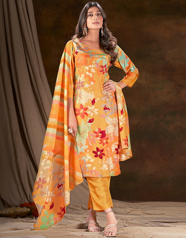 contemporary yellow muslin silk trendy designer readymade suit collection with yellow gadwal silk 13613-acy3768 Front View