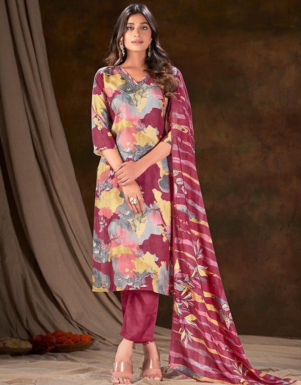 classy wine muslin silk trendy designer readymade suit collection with wine gadwal silk 13613-acy3769 Front View