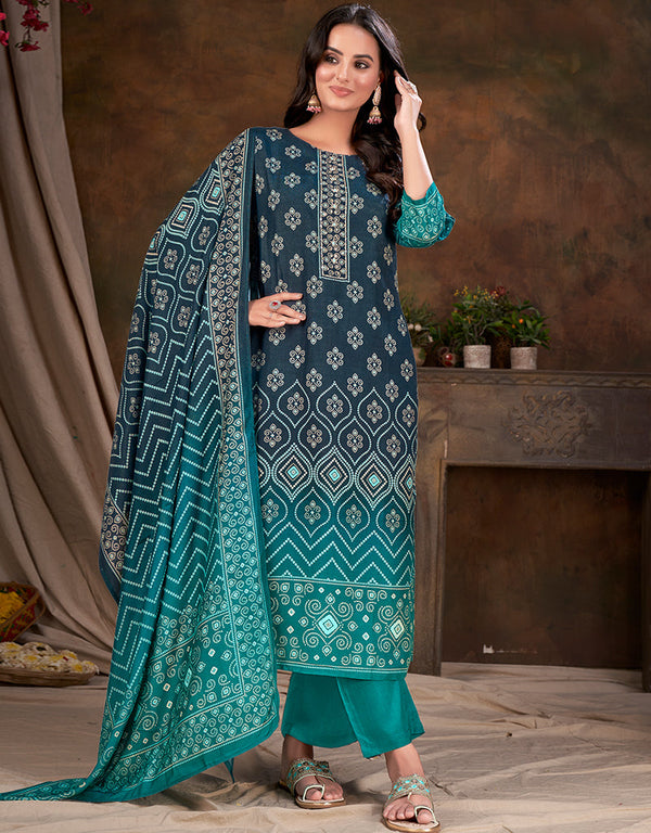 elegant teal blue muslin silk trendy designer readymade suit collection with teal blue gadwal silk 13613-acy3773 Front View