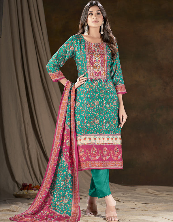 fashionable sea green muslin silk trendy designer readymade suit collection with sea green gadwal silk 13613-acy3774 Front View