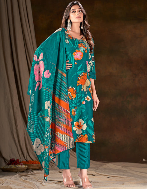 sleek blue muslin silk trendy designer readymade suit collection with blue gadwal silk 13613-acy3775 Front View