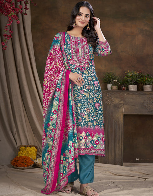 modern blue muslin silk trendy designer readymade suit collection with blue gadwal silk 13613-acy3776 Front View