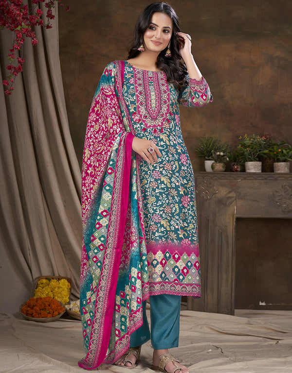 modern blue muslin silk trendy designer readymade suit collection with blue gadwal silk 13613-acy3776 Front View