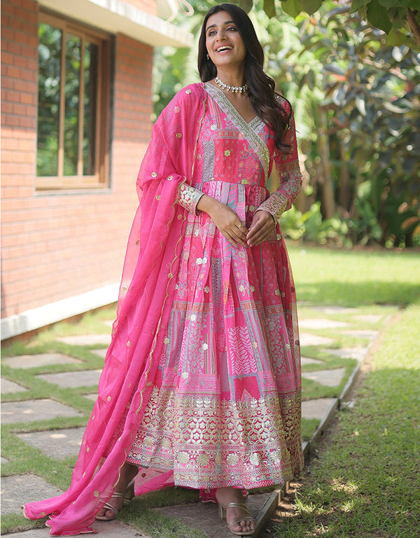 russian silk trendy designer party wear readymade gown with dupatta gown with designer digital printed and embroidery work and pink dupatta 13623-acy3837 Front View