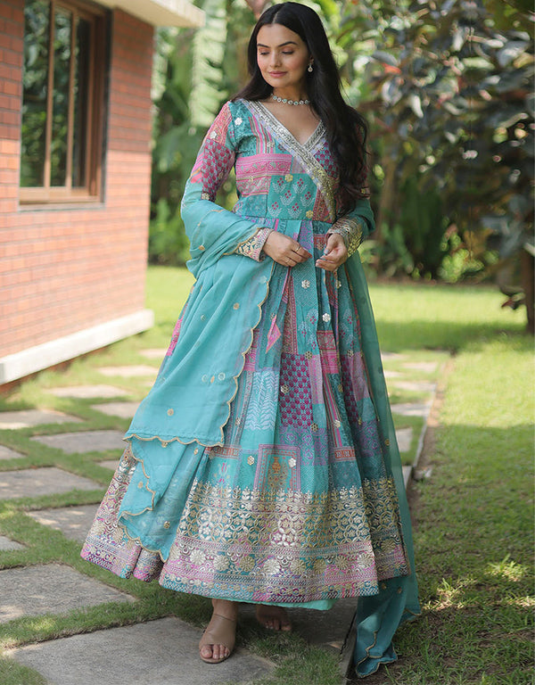 russian silk trendy designer party wear readymade gown with dupatta gown with designer digital printed and embroidery work and sky blue dupatta 13623-acy3838 Front View
