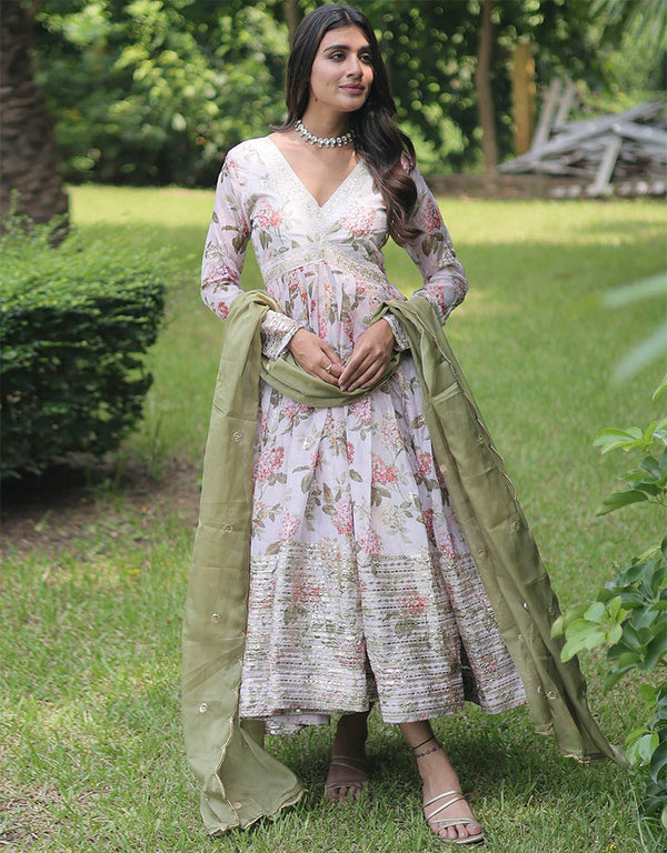 russian silk trendy designer party wear readymade gown with dupatta gown with designer digital printed and embroidery work and white dupatta 13623-acy3839 Front View