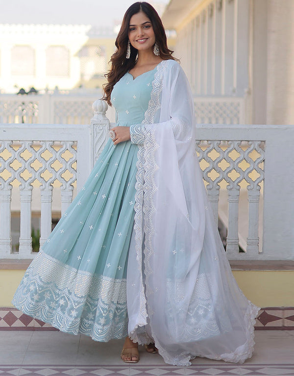 faux georgette trendy designer party wear readymade gown with dupatta gown with designer jari and sequance embroidery work and white dupatta 13623-acy3840 Front View