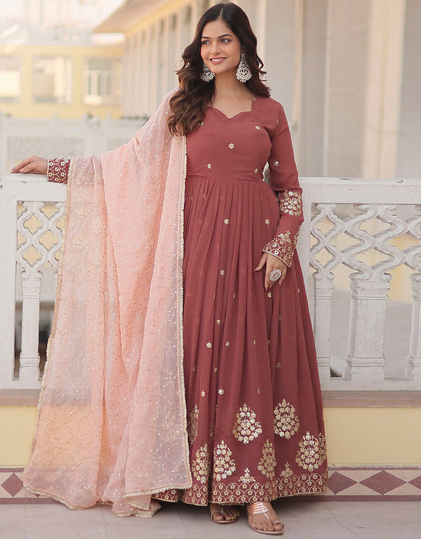 faux georgette trendy designer party wear readymade gown with dupatta gown with designer jari and sequance embroidery work and peach dupatta 13623-acy3841 Front View