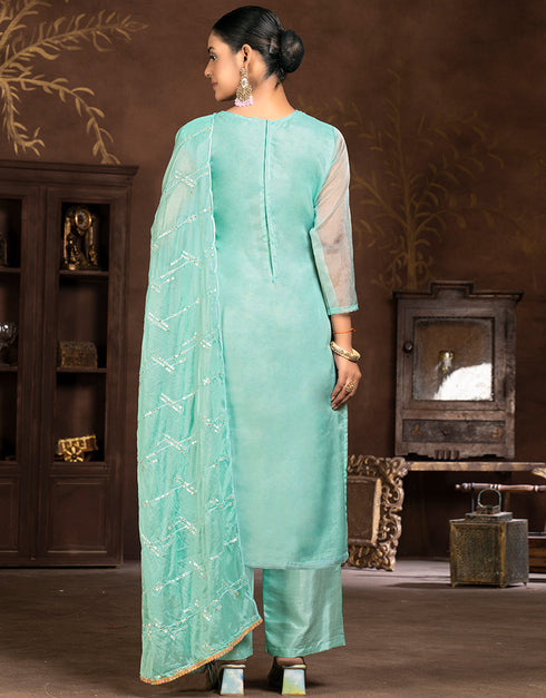 trendy blue organza designer party wear salwar suit with blue santoon 13630-acy3884 Close-up View
