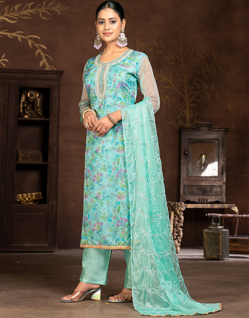 trendy blue organza designer party wear salwar suit with blue santoon 13630-acy3884 Back View