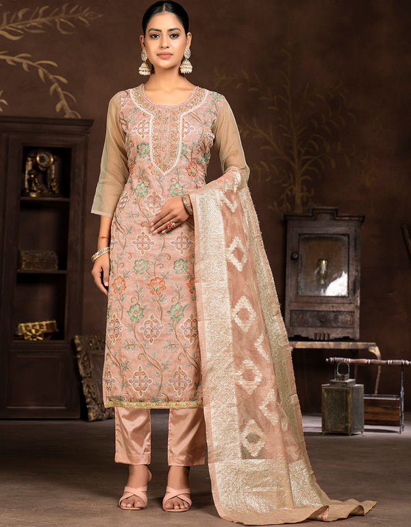 sleek peach organza designer party wear salwar suit with peach santoon 13630-acy3887 Front View