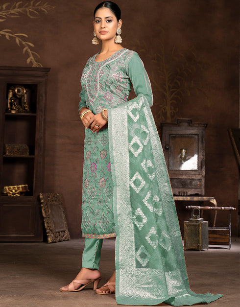modern green organza designer party wear salwar suit with green santoon 13630-acy3888 Back View